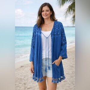 NWT Shoreline Blue Boho Tassel Cardigan | Beach Cover Up | Embroidered Size S/M
